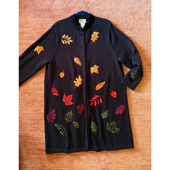 Quacker Factory Fall Leaves Embellished Button Front Cardigan Black 1X - Picture 4 of 9
